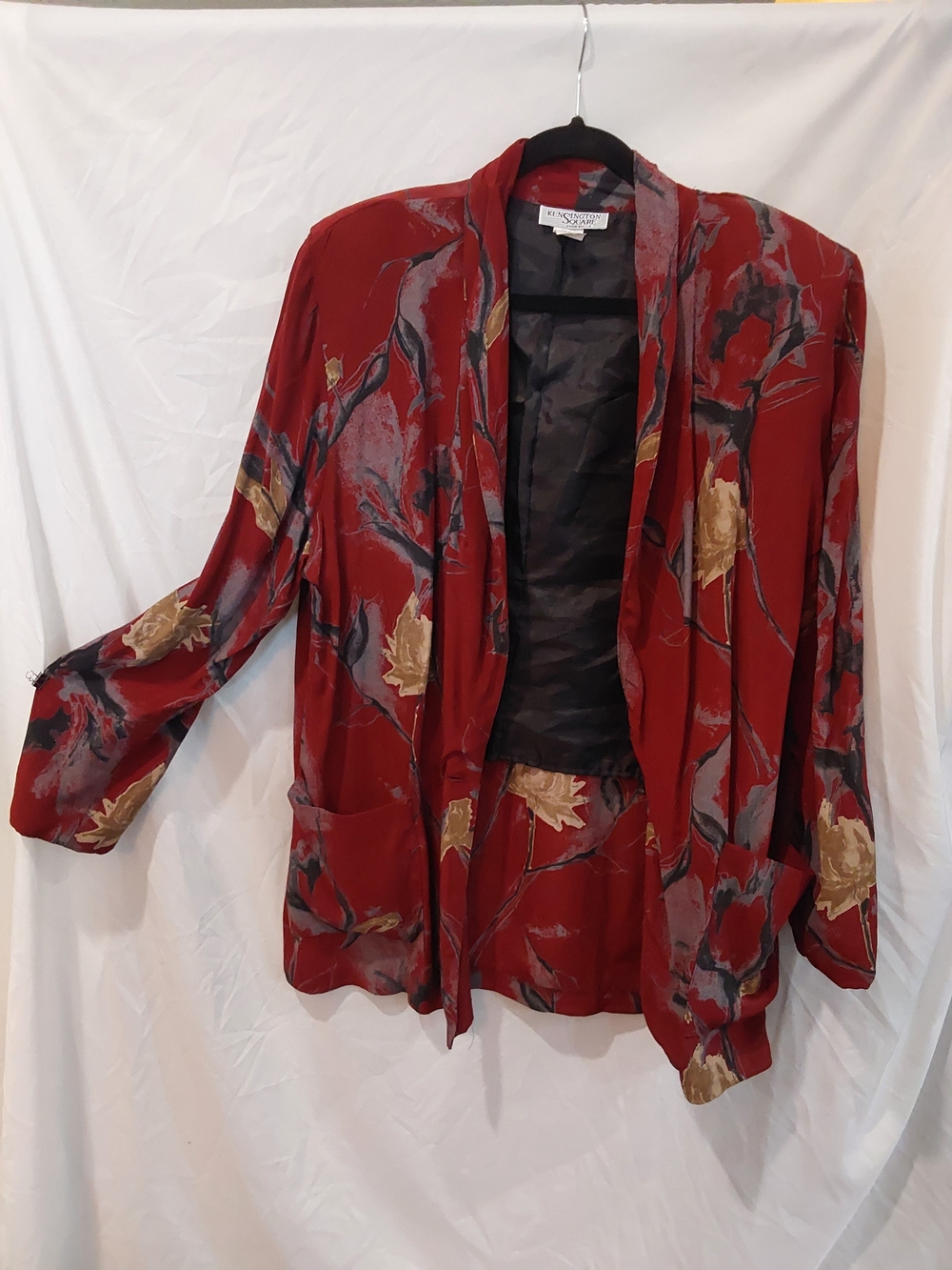Vintage-Inspired Burgandy Red Floral Open Blazer Jacket